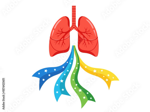 A colorful illustration of lungs with rainbow ribbons coming out of the trachea
