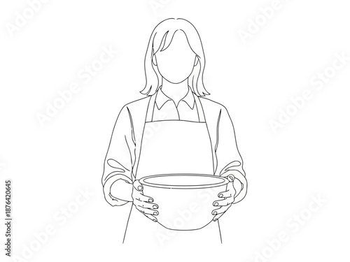 Line drawing of a woman wearing an apron holding a bowl
