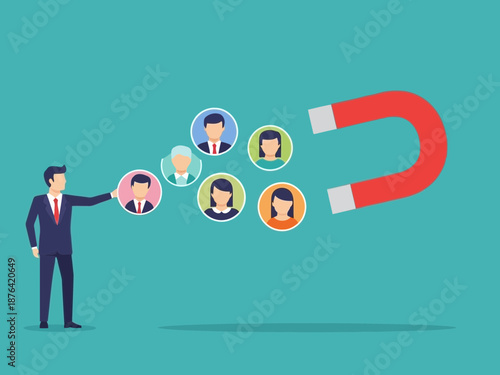 Businessman attracting people with a large magnet on a teal background