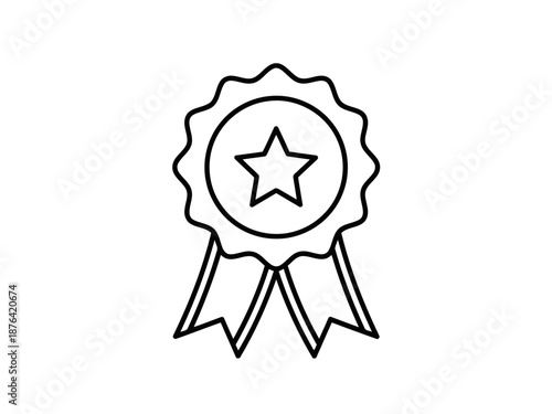 A black and white line drawing of a star in a rosette award ribbon icon