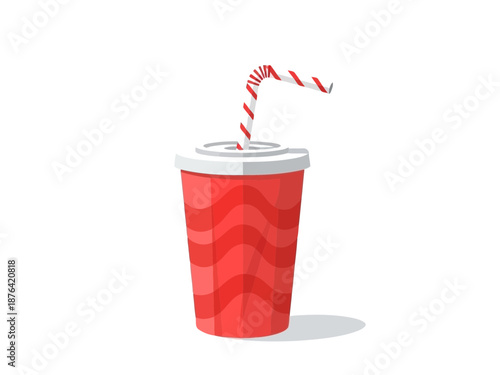Red disposable cup with a straw on a for drink or beverage