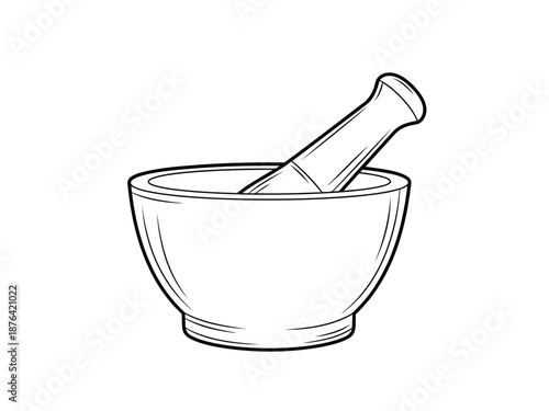 A black and white line drawing of a mortar and pestle