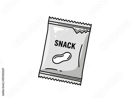 A black and white line drawing of a snack food package