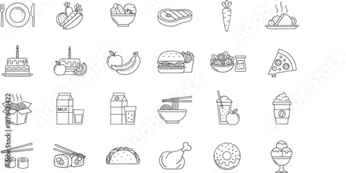 Large set of food and beverage icons in black line art featuring burger pizza sushi and desserts.