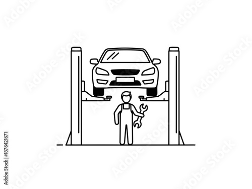 Black and white illustration of a man with a dog under a car on a lift