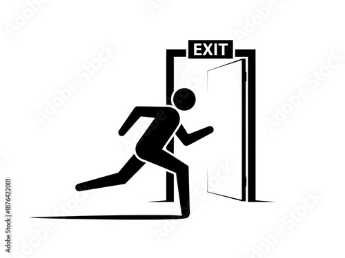 A person running out of an exit door in a black and white illustration