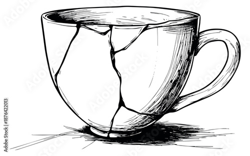 Hand drawn line art illustration of a cracked cup depicting damage for conceptual designs