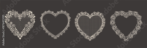 Vintage lace heart frames set with ornate floral details and dotted textures. Decorative hand-drawn romantic borders. Design for wedding invitations, valentine cards, love branding, stationery. Vector