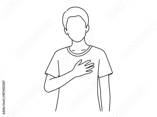 A person in a tshirt making a gesture with their right hand on their chest