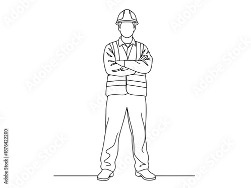 A line drawing of a construction worker with his arms crossed standing