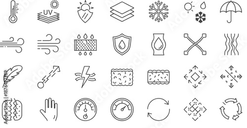 Large set of technical fabric and material property icons featuring waterproof breathable and UV protection symbols.