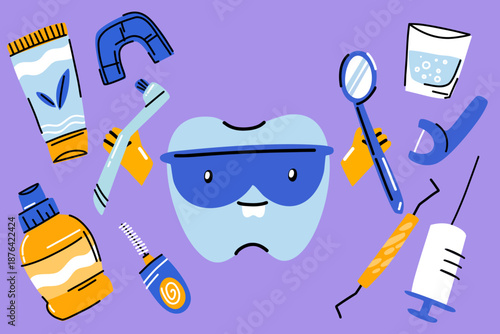 Dentist tooth among oral hygiene products and dental treatment instruments, character wearing doctor glasses