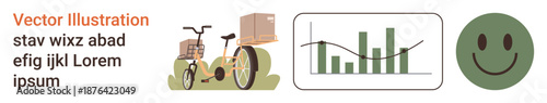 Logistics, data analytics, customer satisfaction, delivery services, business growth, transportation. A bike with packages, bar graph with trends and a happy face. Logistics and data analytics
