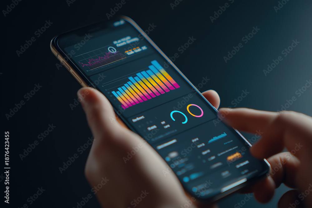 custom made wallpaper toronto digitalHand holding smartphone displaying data visualization application with colorful graphs and charts on dark background