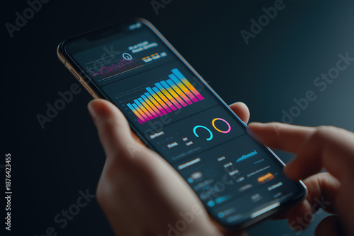 Wallpaper Mural Hand holding smartphone displaying data visualization application with colorful graphs and charts on dark background Torontodigital.ca