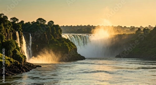 A majestic waterfall cascades down cliffs, creating a mist as the sun shines through the water