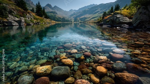 Crystal clear alpine lake water shows stones on the bottom with a reflection of mountains and serene nature under a polarizing filter view.