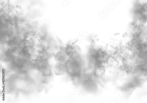 Soft white clouds and gray smoke layers on a white background. Atmospheric effects including fog, steam, and mist. Cutout smoke and cloud PNG high-resolution file vector.