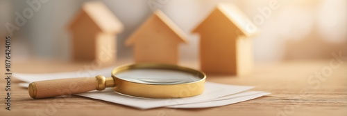 Real estate search and property analysis concept. Magnifying glass on papers on wooden table, with out-of-focus wooden house models in background. Represents market research