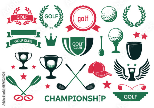 Golf and golfing sport elements or items, showcasing professional golf accessories, course symbols, and sporting equipment illustration concepts.