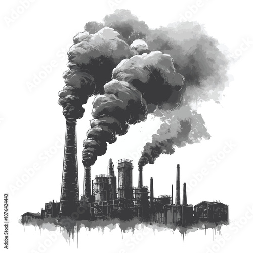 industrial factory with chimneys and smoke resting in a giant human hand sketch engraving generative ai fictional character raster illustration