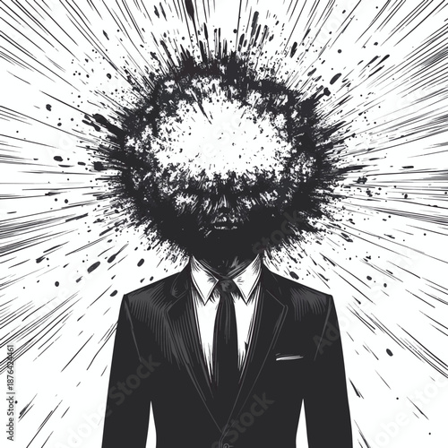 man in a suit with a bomb for a head, anger, stress, or explosive emotions sketch engraving generative ai fictional character vector illustration
