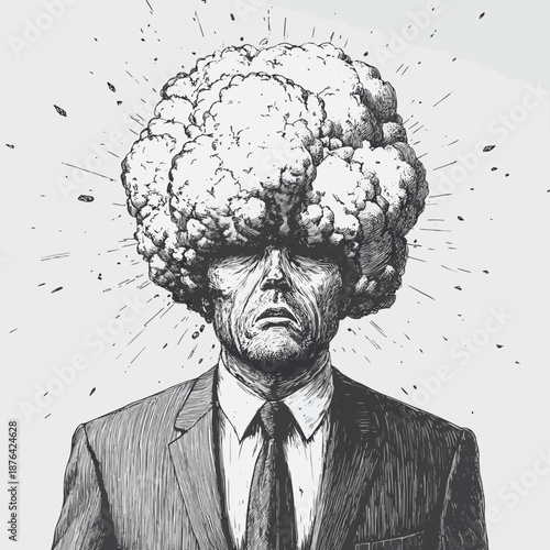 man in a suit with a bomb for a head, anger, stress, or explosive emotions sketch engraving generative ai fictional character vector illustration