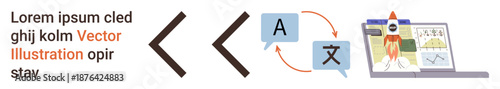 Language learning, translation services, technology education, multilingual resources, online learning, academic tools. Speech bubbles exchange texts next to a laptop displaying charts and a rocket