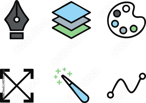 Graphic design and photo editing icon set including pen nib layers and palette Silhouettes isolated on white background silhouette