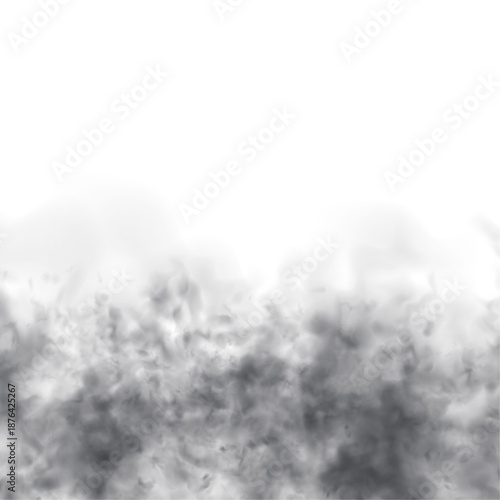 Soft white clouds and gray smoke layers on a white background. Atmospheric effects including fog, steam, and mist. Cutout smoke and cloud PNG high-resolution file vector.
