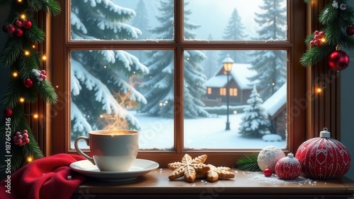 A Cozy Winter's Eve Warm Drink, Festive Treats, and a Snow Covered Landscape Viewed from a Window Adorned with Holiday Decor