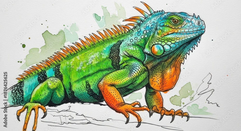 Fototapeta premium Vibrant watercolor iguana artwork displaying intricate details and rich color palette