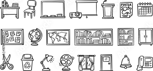 Hand-drawn line art doodles of classroom and office items for education, teaching and workplace