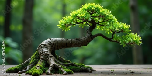 Serene Miniature Tree with Lush Green Foliage, Displayed on Rustic Wooden Surface, Against a Softly Blurred Natural Background