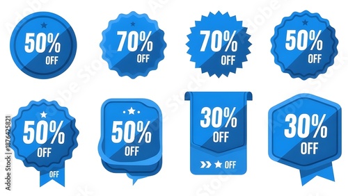 Red discount badges highlighting percentages like “50% OFF” and “70% OFF”, bold typography, flat vector illustration, white background, high-impact ecommerce promotions