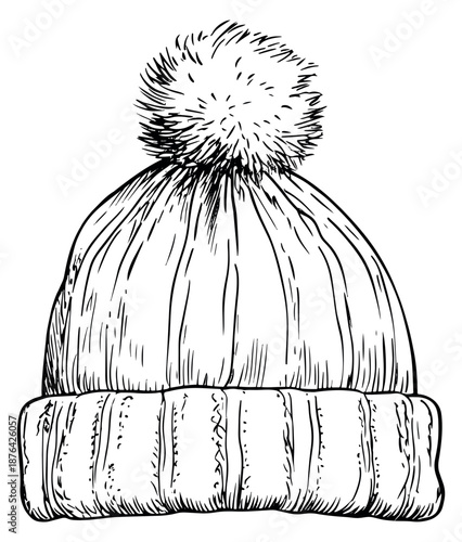 Line art illustration of a knitted beanie depicting a fluffy pom-pom for winter fashion