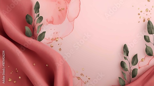 Soft pink satin fabric with draped folds and green leaves on a pastel background
