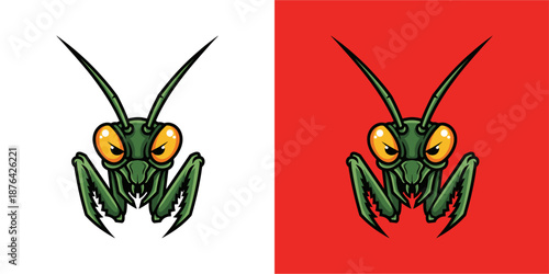 Action-Packed Illustration of a Cartoon Praying Mantis in Dual Color Scheme, Graphic Design, Bold Contrast, Unique Style