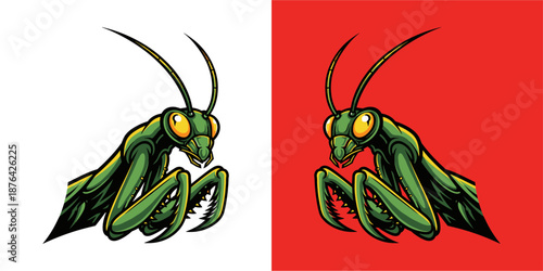 Action-Packed Insect Illustration, Praying Mantis, Vibrant Background, Digital Art, Graphic Design, Creative Viewpoint, Unique Concept