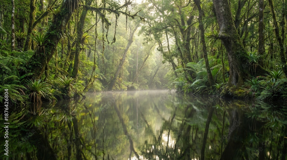 Obraz premium Calm river reflecting dense green rainforest trees, ferns, and moss-covered vegetation. Feeling of tranquility and untouched natural beauty. World Wildlife Day