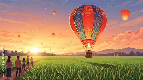 Hot Air Balloon Ride at Sunset Over Green Field.