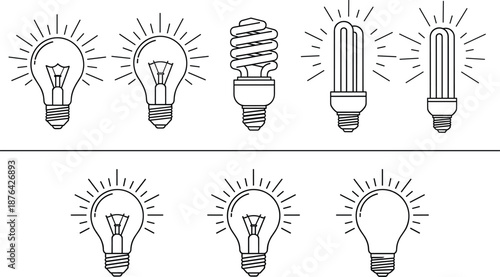 Light bulb icons set featuring classic, CFL, and LED lamp illustrations for creativity, ideas, innovation, and energy concepts