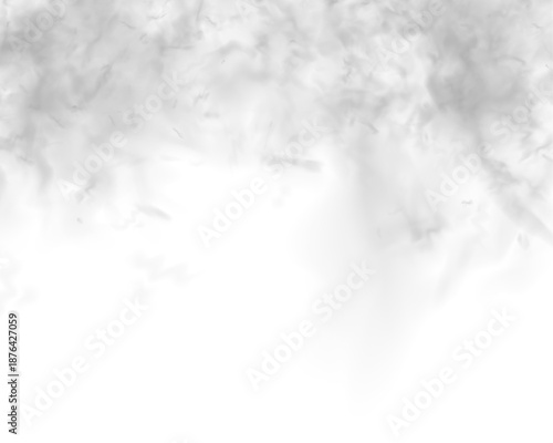 Soft white clouds and gray smoke layers on a white background. Atmospheric effects including fog, steam, and mist. Cutout smoke and cloud PNG high-resolution file vector.