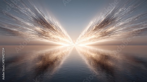 Radiant light beams converging over a calm ocean creating a mirrored glow