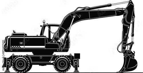 Detailed black and white illustration of wheeled excavator with articulated arm and stabilizers, showcasing construction equipment design, functionality, and cad drawing vector format.