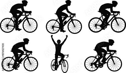 Cyclist silhouette vector, road bike racing illustration, athletic motion pose, competitive cycling artwork, sports victory celebration, black rider graphic design