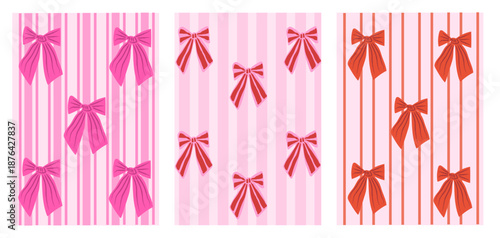 Set of hand drawn retro whimsical bow stripe backgrounds. Coquette ribbon textures for Valentine, weddings, gift wrap, stationery, feminine surface design. Vector illustration.