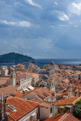 View of famous red terracotta rooftops and historic buildings in Old Town Dubrovnik on the Adriatic coast of Croatia
