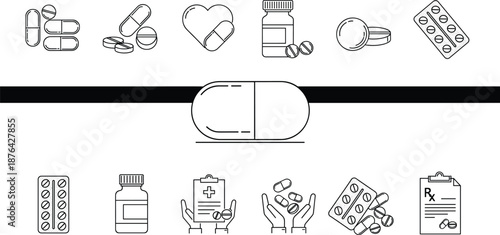 Medical pill and medicine icons set featuring capsules, tablets, prescriptions, bottles, and healthcare symbols for pharmacy and wellness designs
