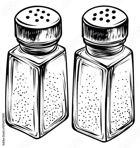 Hand drawn line art salt and pepper shakers set featuring essential table condiments for culinary use